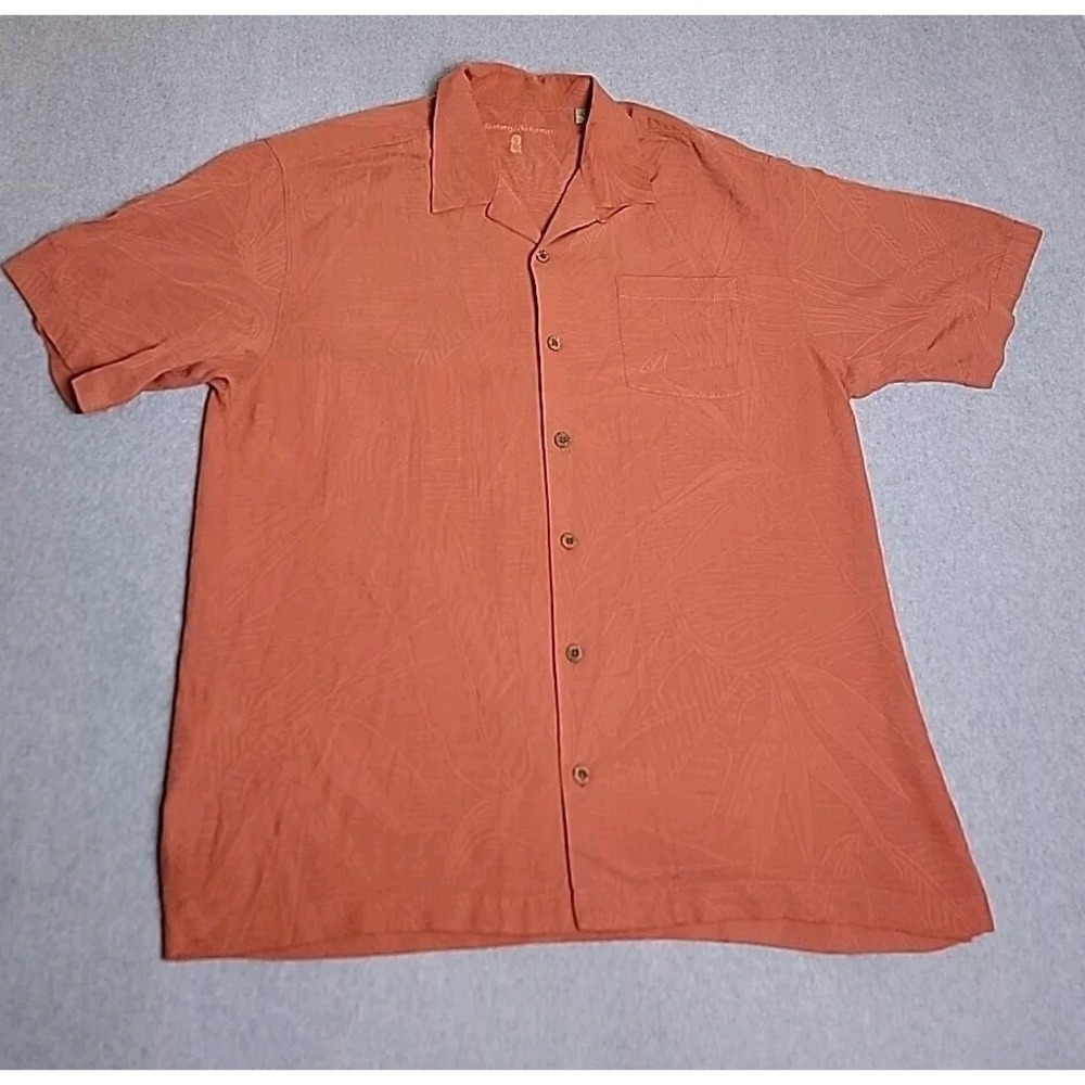 Tommy Bahama Silk Shirt Mens L Orange Tropical Palm Jacquard Camp Button Down